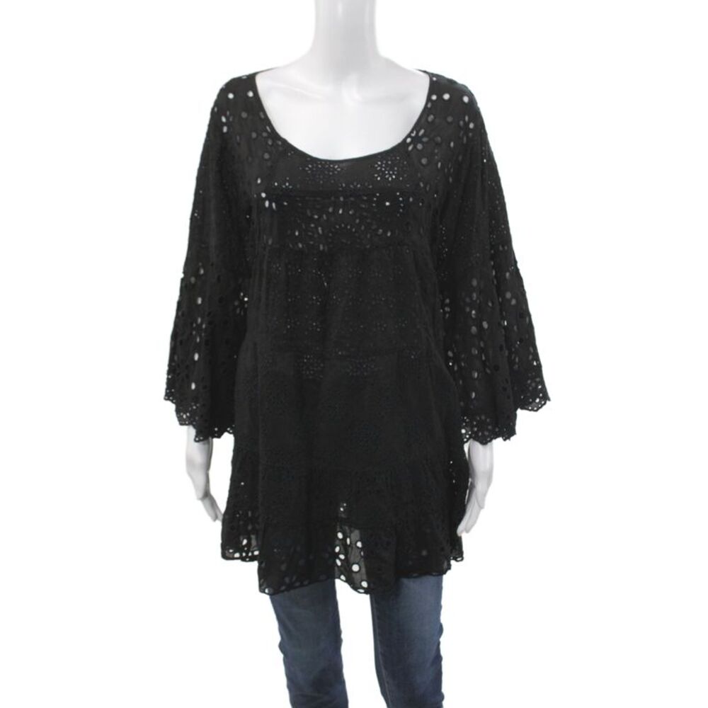 Johnny Was Women Tunic Blouse Black Boho Cotton Long Sleeve Round Neck Size XL